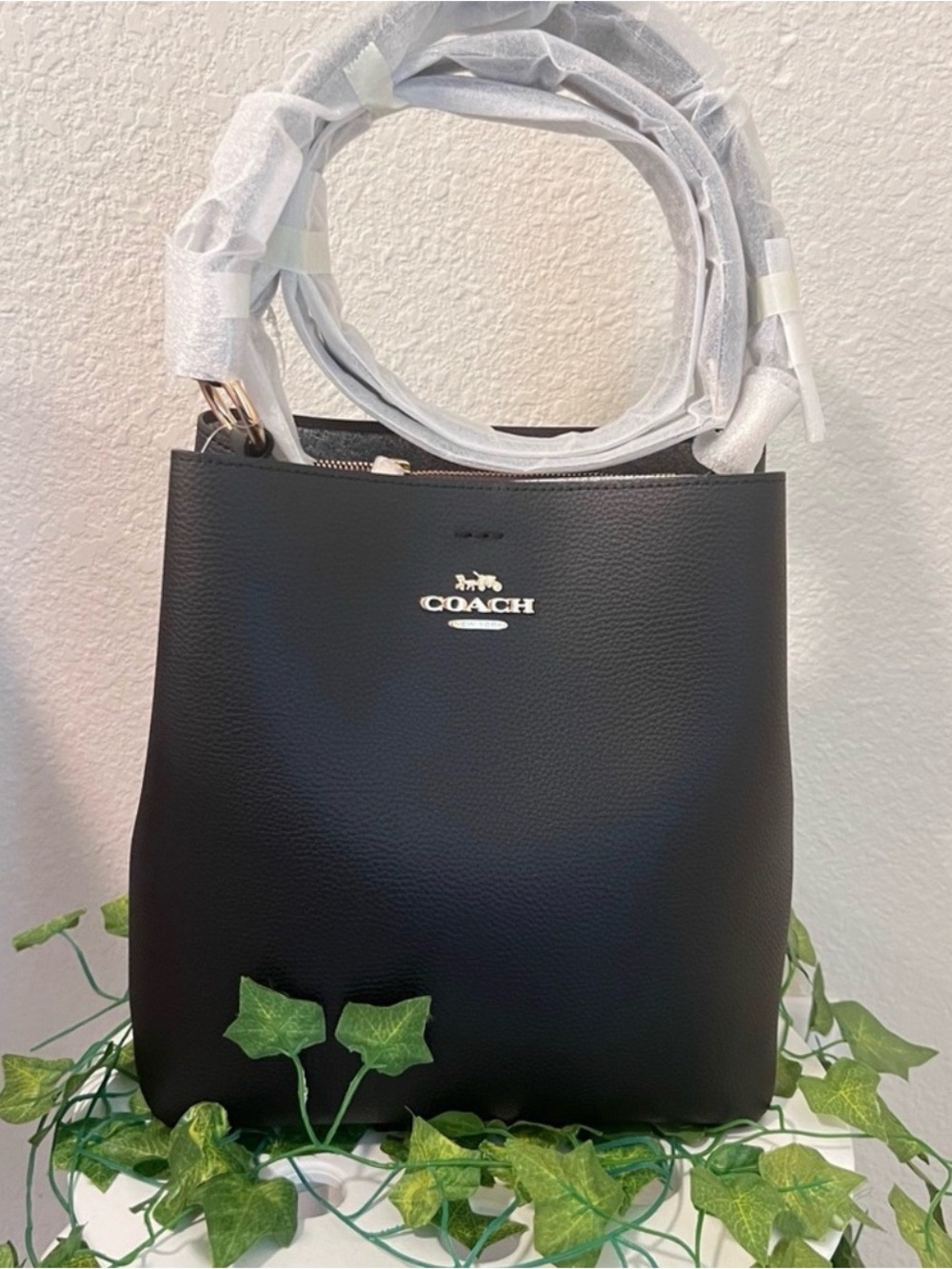 Coach Black Pebbled Leather Shoulder Tote with Gold Logo